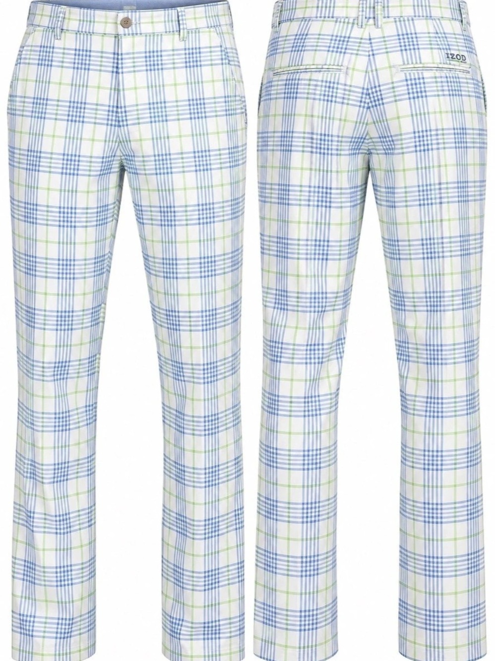 IZOD Golf Mens 36x32 Blue Green White Plaid Golf Pants Flat Front